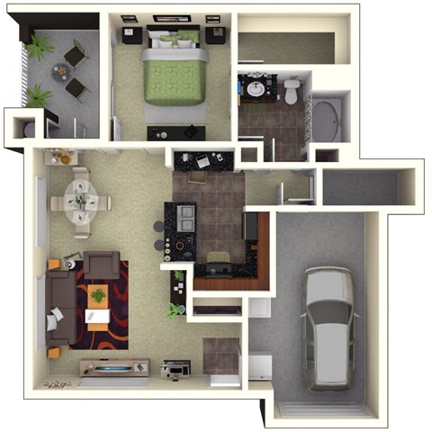 Floor plan for 1 bed, 1 bath, 977 sqft